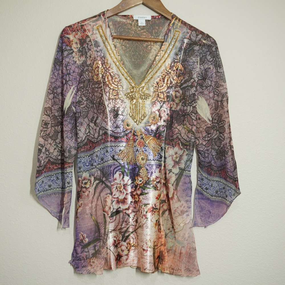 Women's Size Small Bohemian Sheer Tunic Shirt Purple Floral Beaded Sequin Artsy